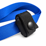 Elite Dog Gear Fi Mini adapter for 1.5-inch and wider straps, angled view with black snap on royal blue webbing