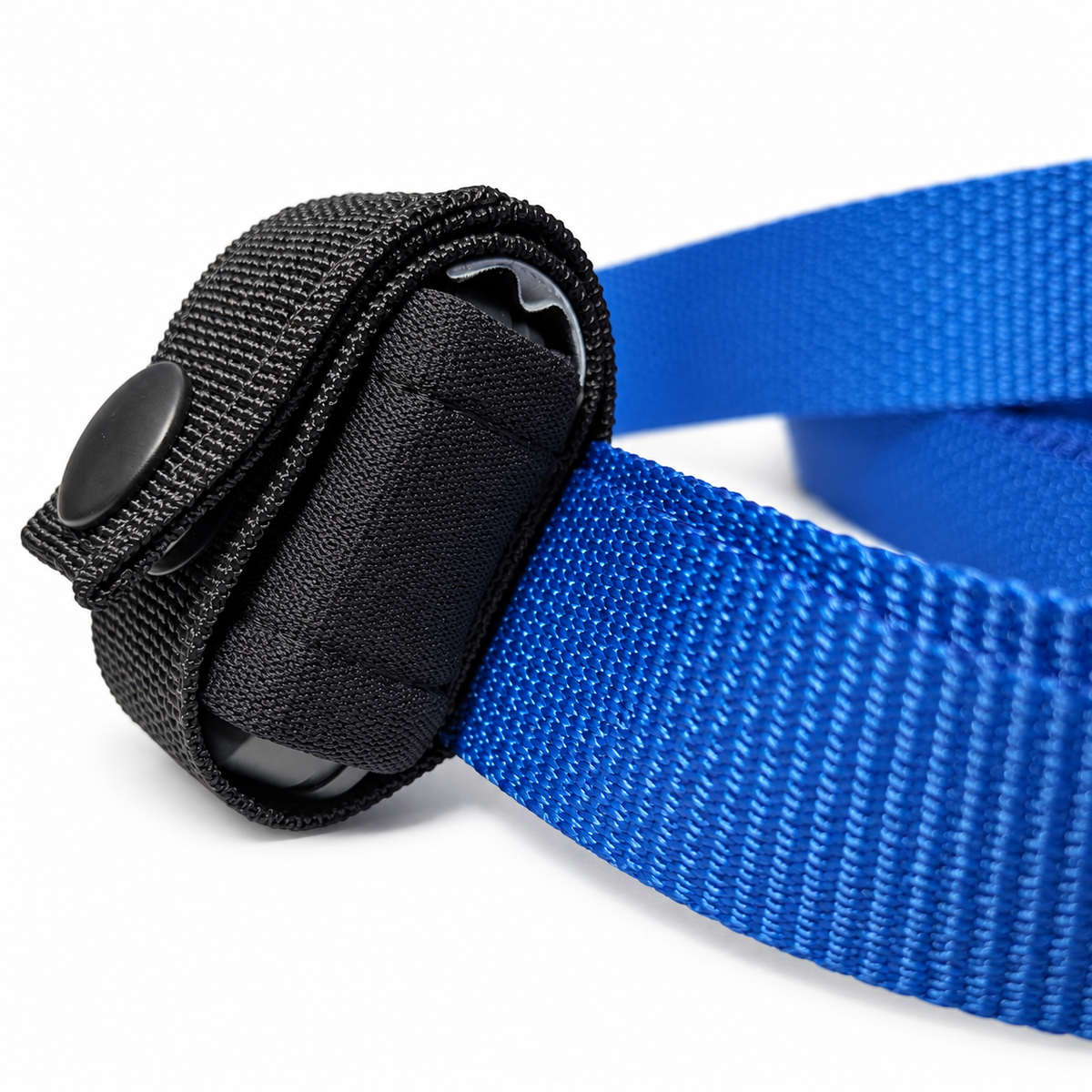 Side view of Elite Dog Gear Fi Mini adapter for 1.5-inch and wider straps, showing the tracker holder and attachment on royal blue webbing
