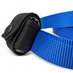 Side view of Elite Dog Gear Fi Mini adapter for 1.5-inch and wider straps, showing the tracker holder and attachment on royal blue webbing