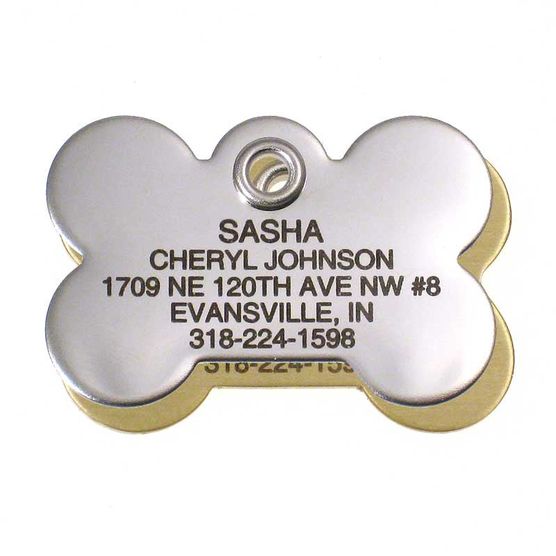 Metal Bone pet ID tag in stainless steel, polished brass, and matte stainless steel