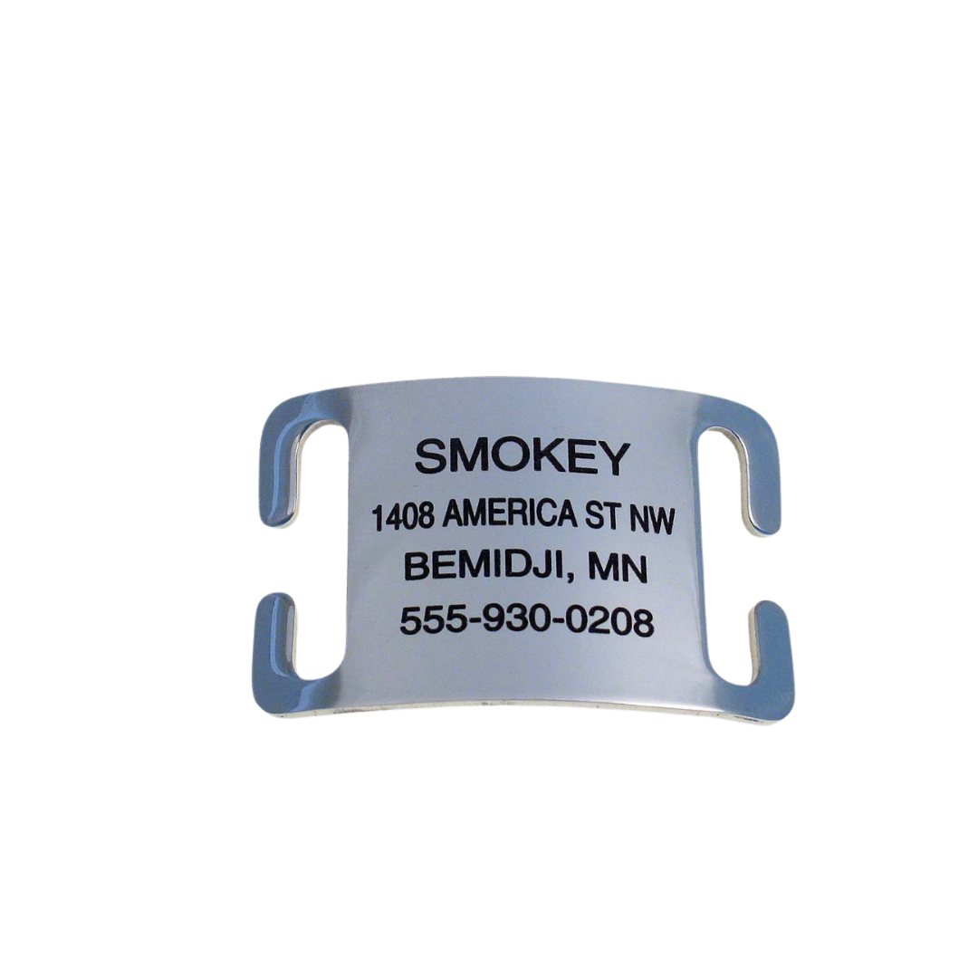 Engraved stainless-steel LuckyPet Slide-On Open Tag with up to five lines