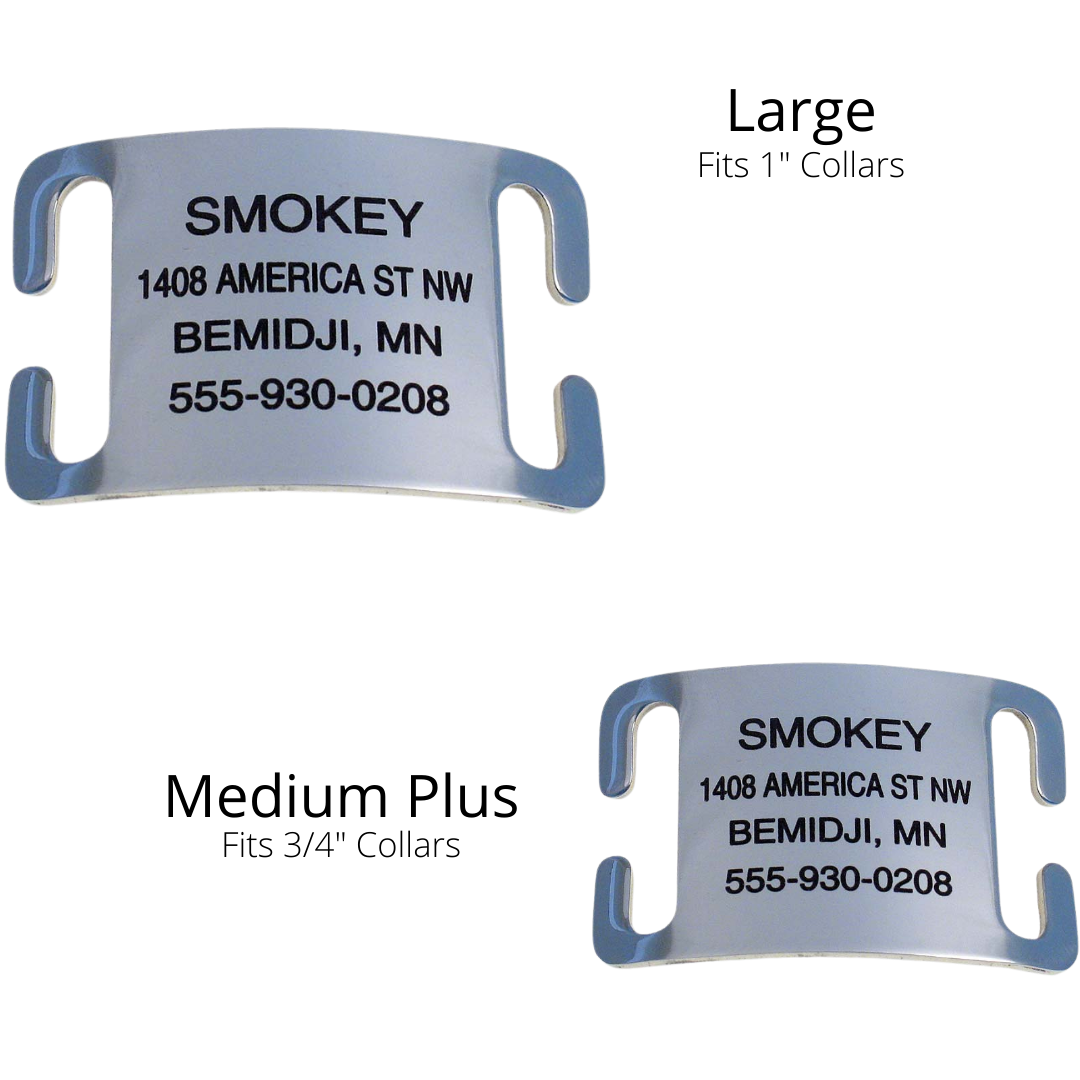 LuckyPet Slide-On Open Tag size guide for 1-inch and 3/4-inch collars
