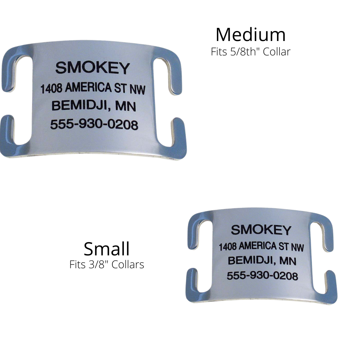 LuckyPet Slide-On Open Tag size guide for 5/8-inch and 3/8-inch collars