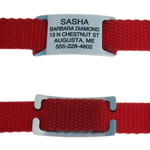 LuckyPet Slide-On Open Tag shown on the front and back of a red collar