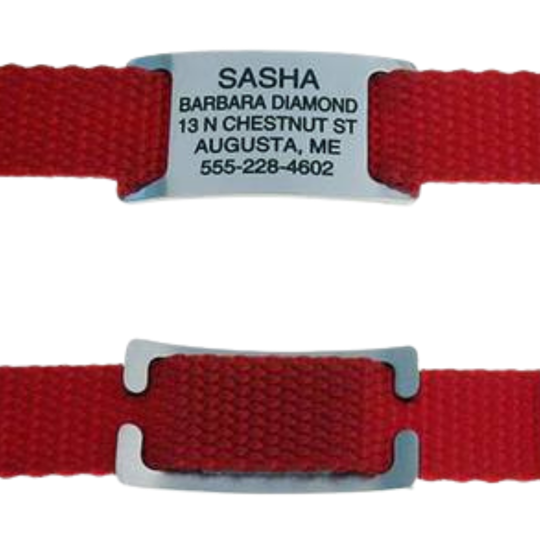 LuckyPet Slide-On Open Tag shown on the front and back of a red collar