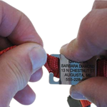 Threading a red collar through a LuckyPet Slide-On Open Tag