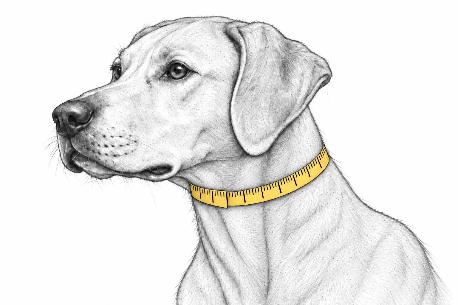 Side-profile dog with a yellow measuring tape wrapped around the neck where the collar sits