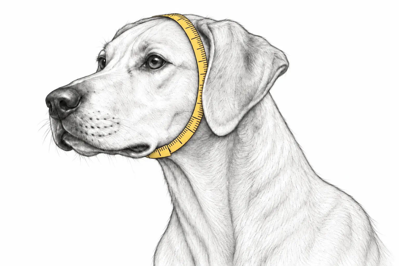 Side-profile dog with a yellow measuring tape over the ears and under the jaw at the widest part of the head